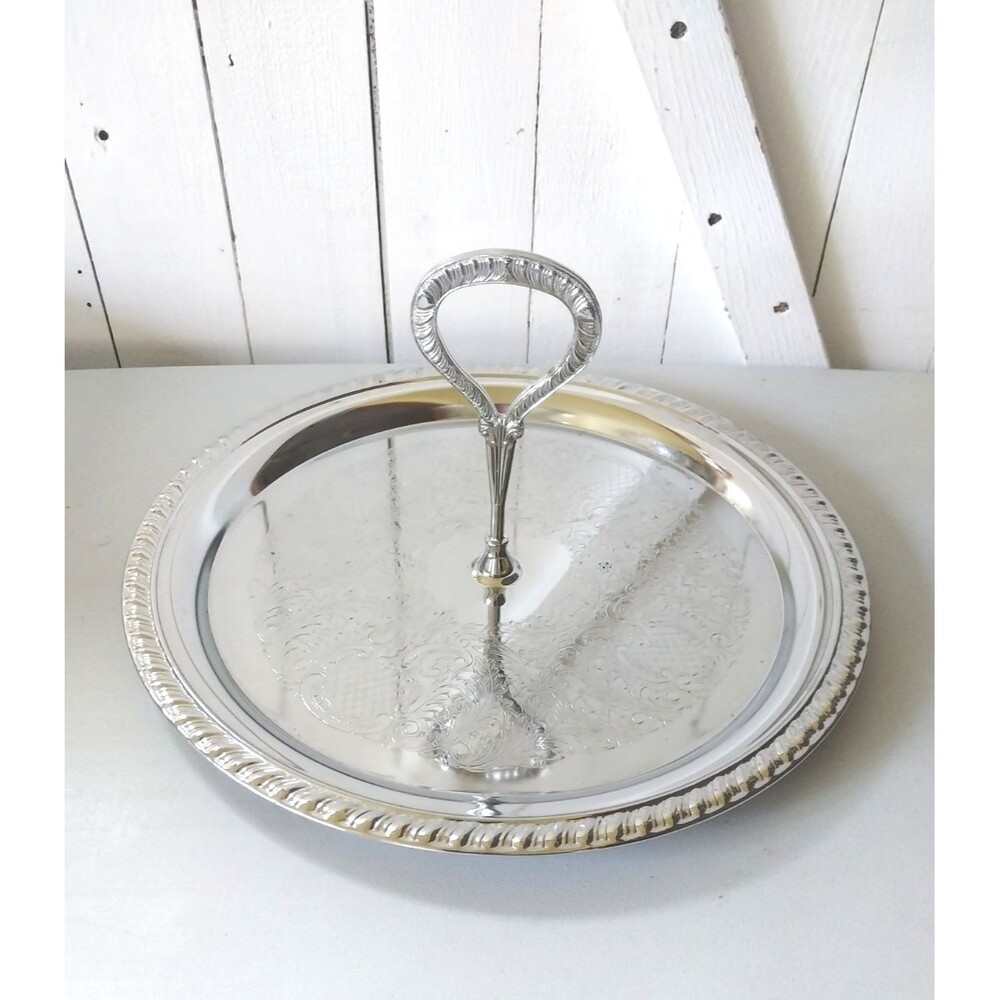 Vintage Ornate Irvinware HANDLED CHROME DRINK SERVING TRAY 12 Inch Round USA